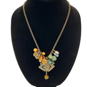 Vintage Stephen Dweck Citrine Agate Pearl Amber Jade w/ Large Bronze Medallion